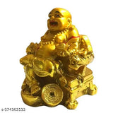Resin Laughing Buddha statue with gold ingot and coin, symbolizing prosperity and wealth for home or office decor