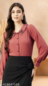WineRed women's pink collared shirt with contrast embroidery, solid polyester long-sleeve top on hanger, XL (bust 42in, length 25in), India origin