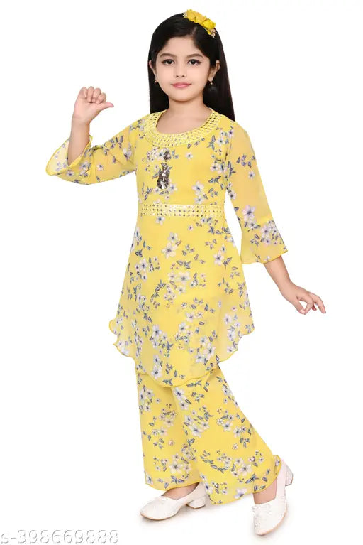 Orange and yellow chiffon palazzo set for girls party wear, featuring floral print three-quarter sleeves tops