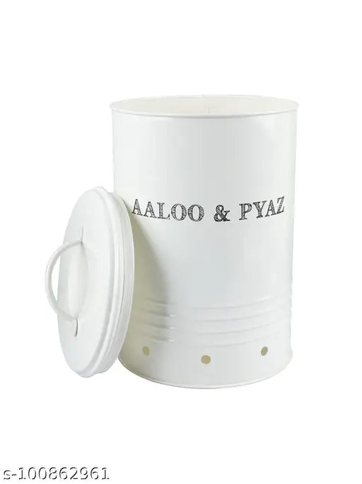 White mild steel aloo & pyaz storage jar, cylindrical shape with ring design, ideal for modular kitchen, BPA free, air-tight, perfect for vegetables like onions and potatoes, 19cm x 16.5cm x 28.5cm, suitable for dry foods, made in India