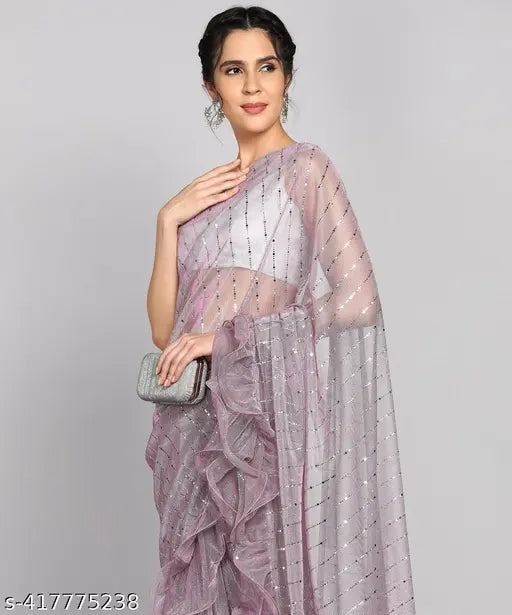 White Malai Silk MIRACLE TEX frill work saree with separate chiffon blouse, India