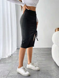 Black cotton blend pencil skirt for women, high-waisted with split thigh design, machine washable