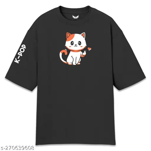Women's oversize KPOP cat print cotton t-shirt, short sleeves, various sizes available