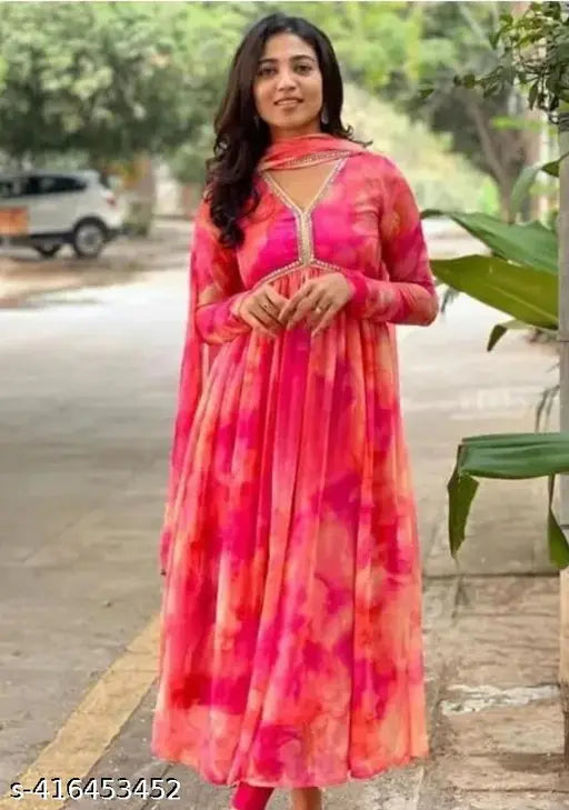 Purple floral Georgette trending gown with dupatta, fitted and flared, for casual office or festive wear