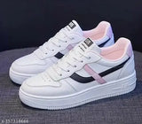 Stylish mesh white Reefox running sneakers, comfortable for women & girls, PVC soles, striped pattern, lace-up fastening