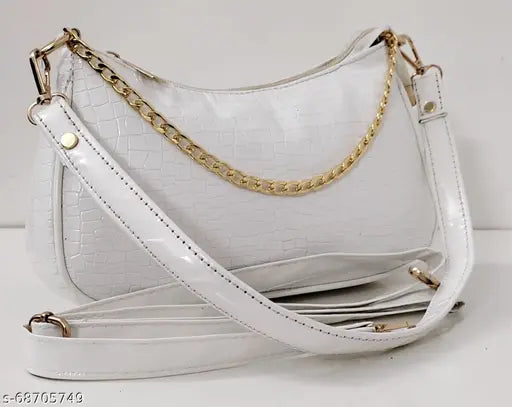 White PU leather print sling bag for girls with 2 shoulder straps, perfect for everyday essentials