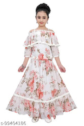 Pink Georgette kids lehenga choli set, trendy 3/4 sleeves, printed floral pattern