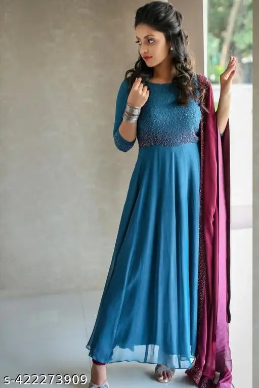 Georgette hotfix work gown with dupatta, embellished and three-quarter sleeves, India-made fashion for professional women