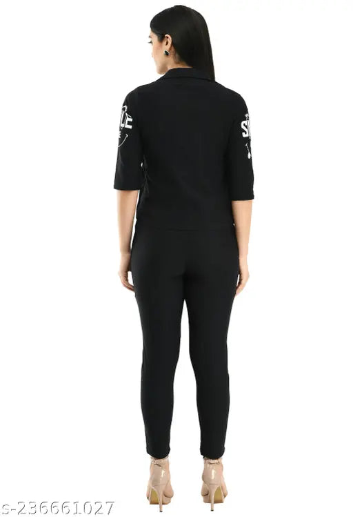 Women's black cotton blend two-piece set: fancy printed kurti with full stretch ankle pants, casual and trendy fashion