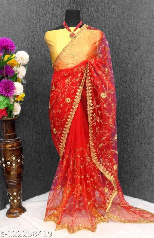 New Collection 2022: Indian Embroidered Net Saree with Mulberry Silk Blouse, Free Size, 5.5m length