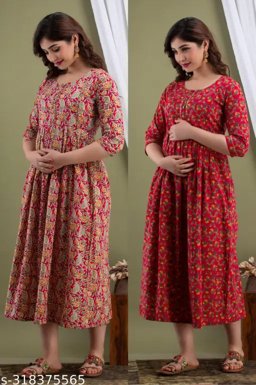 Pure cotton maternity gown with adjustable zip & hidden pockets (2-piece combo), three-quarter sleeves, Anarkali pattern. Ideal for home & office wear, breathable, stretchy, and comfortable nursing dress
