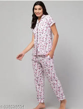 Stylish printed cotton night suit for women and girls, short-sleeved pyjama set with matching sizes S, M, L, XL. Indian made cotton nightwear for sleep or lounging
