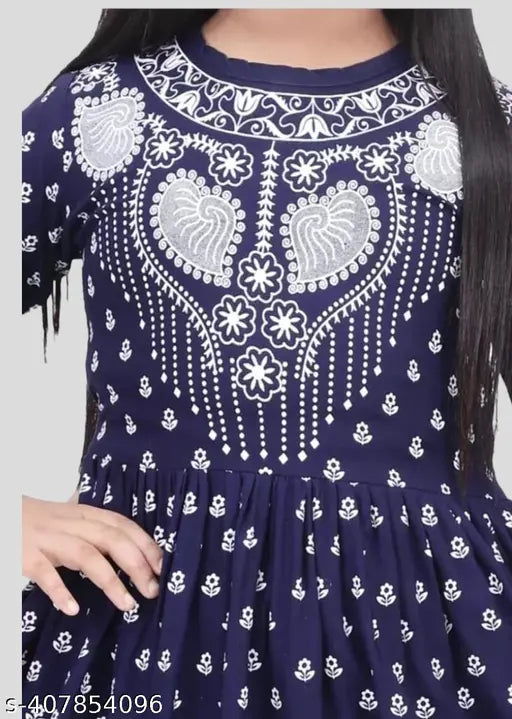 Blue cotton blend kids' party palazzo set with three-quarter sleeves and printed net pattern