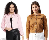 Pink mustard cotton blend full sleeve women's jacket combo, sophisticated style with regular collar, long sleeves, and closure button on front