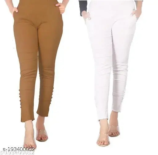Cotton stretchable white biscuit combo pants for women with pockets, ideal for casual wear or lounging