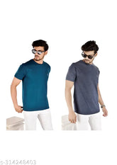 Blue & Grey Men's Regular Fit Short Sleeves T-Shirt Pack of 2 on display, color-blocked design, poly-cotton fabric for comfort and stretch