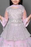 Pink net lehenga choli with dupatta, embellished and aari work, three-quarter sleeves on display stand, size: 1-2 years to 10-11 years (Indian traditional wear)