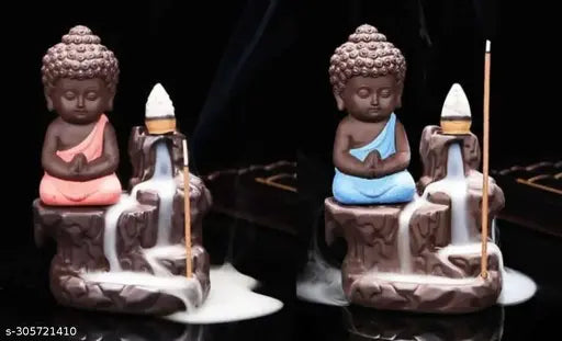 Blue-yellow resin Buddha smoke fountain incense burner idol with 20 cones, creates illusory smoky waterfall