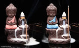 Blue-yellow resin Buddha smoke fountain incense burner idol with 20 cones, creates illusory smoky waterfall