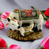 Marble Kamdhenu Cow and Calf Statue with Diamond Decor, 12cm tall spiritual figurine for home decor or pooja ghar