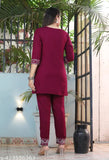 Maroon rayon cord set for women, three-quarter sleeves, Indian-made