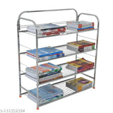 Modern stainless steel multipurpose rack for kitchen storage, utilizes 31x24 inches space, ideal for utensils, dishware, shoes, or books