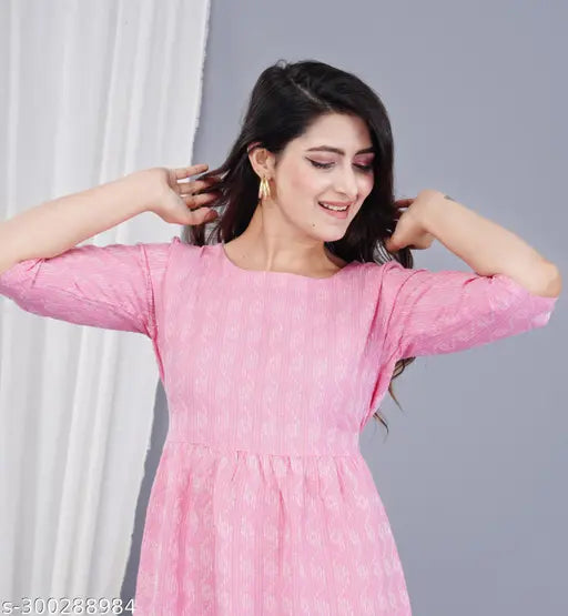 Rayon three-quarter sleeve printed combo dress for women, Comfy Graceful FrockTopKurtiTop on mannequin