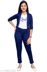 Navy cotton blend printed three-quarter sleeve dress set for girls under 299, featuring a T-shirt, jacket, and pants in 8-9, 9-10, 10-11, 11-12, 12-13 sizes. Indian fashionable design