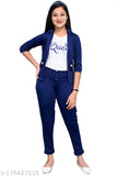 Navy cotton blend printed three-quarter sleeve dress set for girls under 299, featuring a T-shirt, jacket, and pants in 8-9, 9-10, 10-11, 11-12, 12-13 sizes. Indian fashionable design