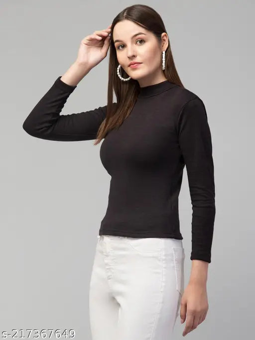 White stretchable cotton rib full sleeve top, perfect for summer and winter wear by women and girls. Solid pattern, fully lycra 280 Gsm cloth with stim fit. Made in India