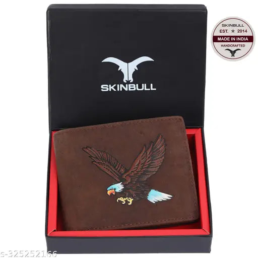 Brown, high-quality genuine leather men's wallet with RFID blocking, featuring 5 compartments and a gift boxed presentation
