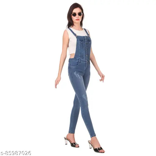 Women's solid denim jumpsuit, long sleeves, dark wash 5-pocket mid-rise from JAC Fashion Wear