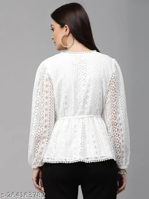 White cotton peplum top with long sleeves, V-neck, wrap design, lace fabric, and elastic waistband - Style Quotient Women on mannequin