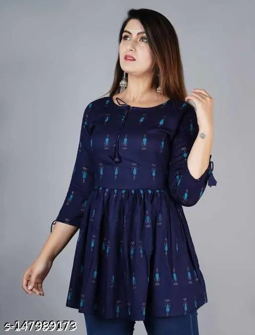 Rayon Arushi Machhali kurti, printed combo top with short sleeves, Made in Jaipur