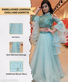 Light blue velvet and net embroidered Lehenga Dhavani with embellished dupatta, semi-stitched (42in waist, 42in length)