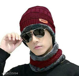 Woolen balaclava cap combo (2 pieces) with fur inside, trendy winter protection for men and women