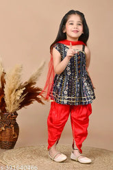 Blue and Red Stylish Rayon Dress Set for Kids Girls - Embellished Kurta with Dupatta and Dhoti, Sleeveless