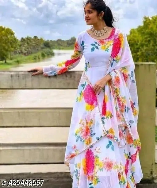 Flower print Georgette long kurti with dupatta (no bottomwear), stylish and trendy festive wear gown for women, printed net fabric, multiple sizes available