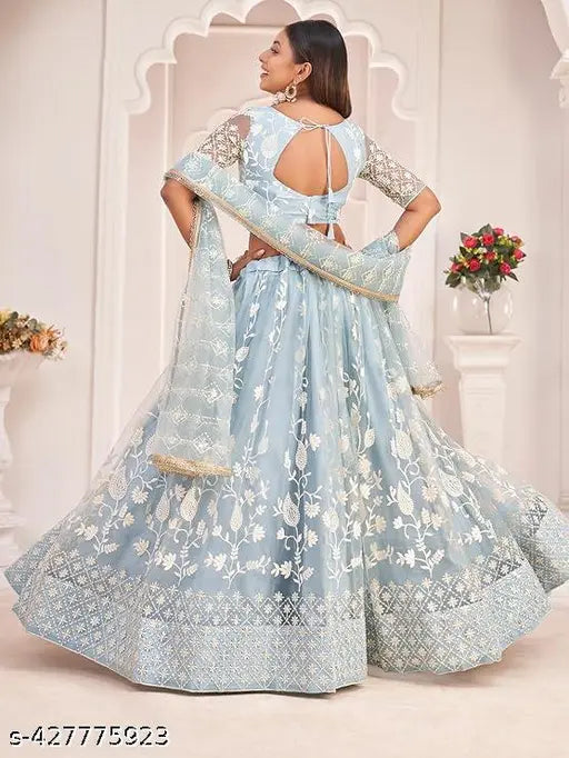 Sky blue embroidered semi-stitched lehenga choli set, Indian traditional bridal wear featuring net fabric for top and bottom, embellished with intricate embroidery