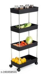 Black vegetable rack storage organizer with wheels, 4-layer, 91x40x22 CM. Ideal for kitchen and office use. Modern design with water-resistant bottom and rolling casters for easy movement. Perfect fit for any gap. Durable and high-temperature resistant
