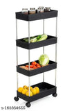 Black vegetable rack storage organizer with wheels, 4-layer, 91x40x22 CM. Ideal for kitchen and office use. Modern design with water-resistant bottom and rolling casters for easy movement. Perfect fit for any gap. Durable and high-temperature resistant