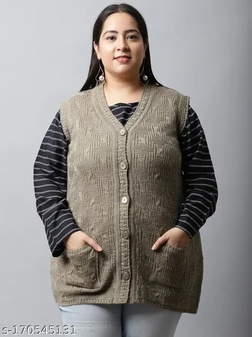 Beige acrylic sleeveless self-design sweater, plus size for women's comfortable winter wear