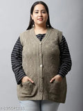 Beige acrylic sleeveless self-design sweater, plus size for women's comfortable winter wear