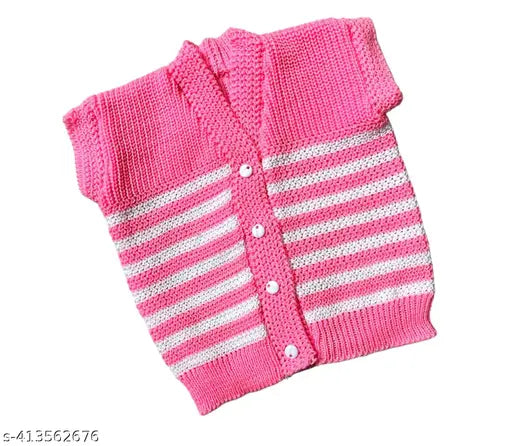 Pink woolen sleeveless kiddie vest, self-design net pattern for babies aged 0-6 months to 3-4 years