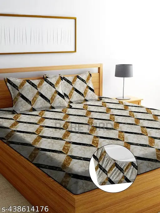 DHC Premium blue cotton blend abstract print elastic fitted king-size bedsheet with 2 pillow covers, suitable for 4-8" mattresses