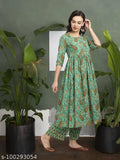 Green cotton casual kalamkari-printed Kurta set with palazzos, three-quarter sleeves, round neck, pompom detailing