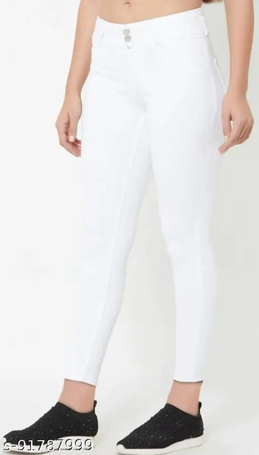 White denim high-rise jeans, lightweight and soft for comfortable fashionable wear. Made by Allure Motifs in India