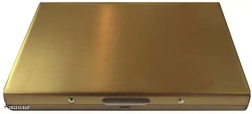 Black stainless steel RFID-protected business card holder with gold accents. Holds 6 cards, solid design, water-resistant
