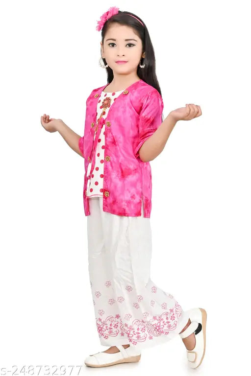 Rayon kurtis palazzo set for girls in ruffled crepe fabric with pom-poms and self-fabric belt