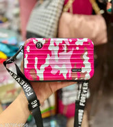 Black acrylic Forever Young Box sling with printed net design, includes adjustable and detachable large sling and small key-type sling for easy carry